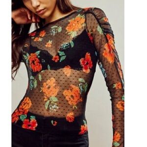 NWT INTIMATELY FREE PEOPLE Spot Light Long Sleeve in Black Multi Sz S Sheer Boho